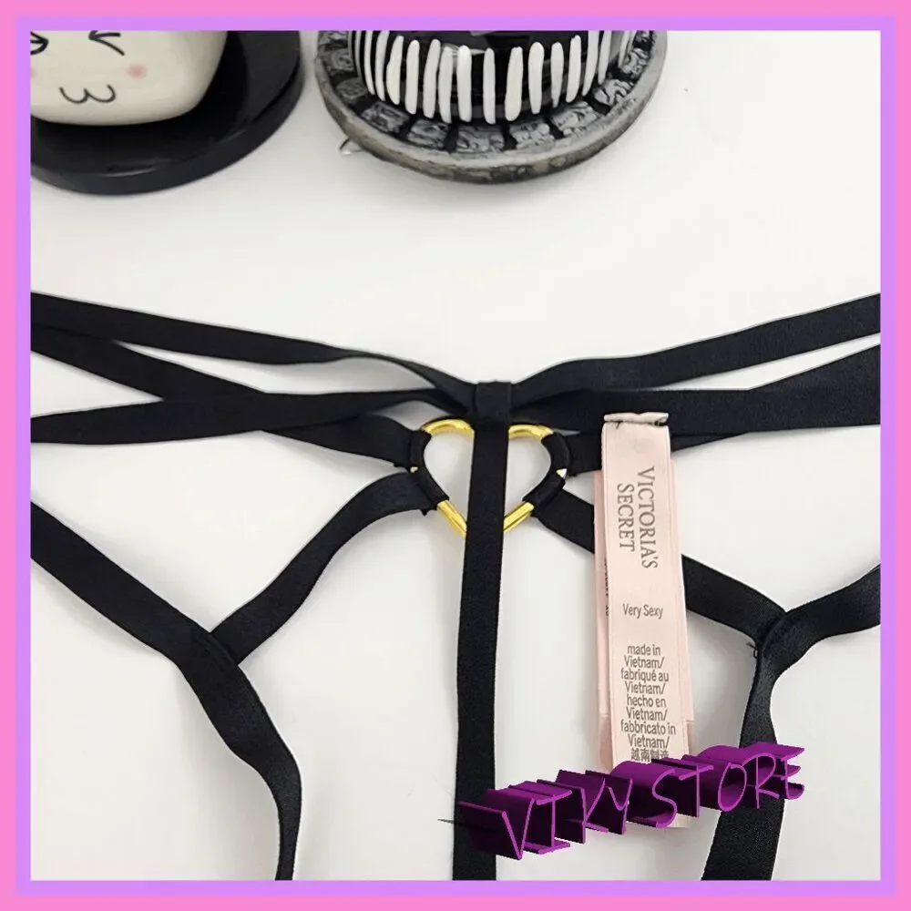 💕 NWT Victoria’s Secret Very Sexy Black Strappy Gold Heart Small #7284 💕